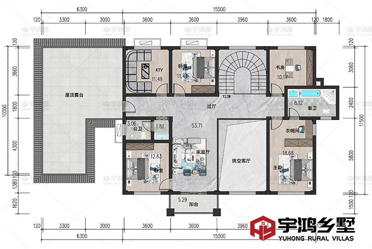2层：家庭厅、KTV、卧室、衣帽间、卫生间、阳台、屋顶露台