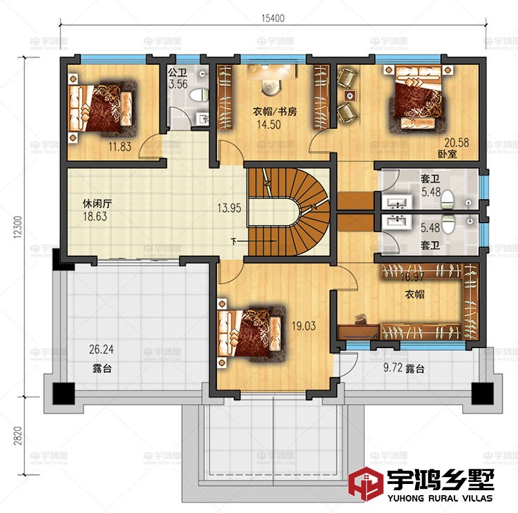 三层：卧室、衣帽间、卫生间、露台