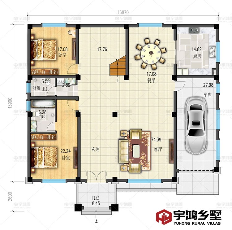 一层：客厅、餐厅、卧室、车库、厨房、卫生间