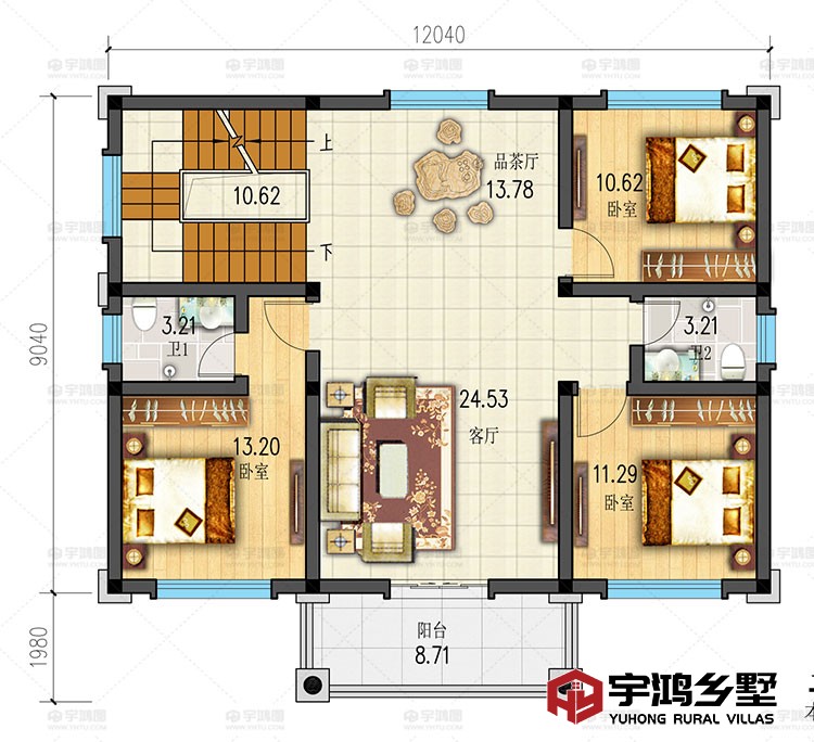 二层：客厅、卧室、品茶厅、阳台、卫生间