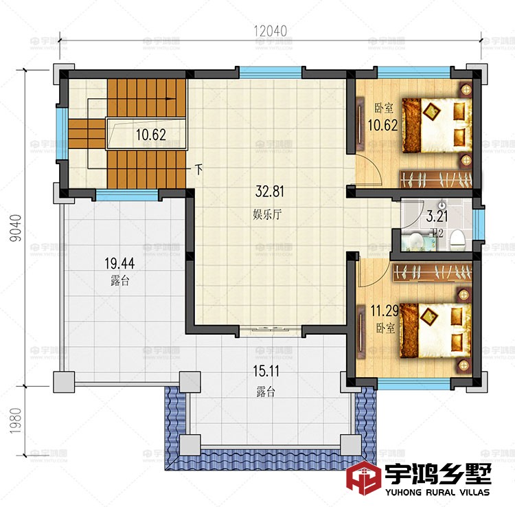 三层：娱乐厅、卧室、露台、卫生间