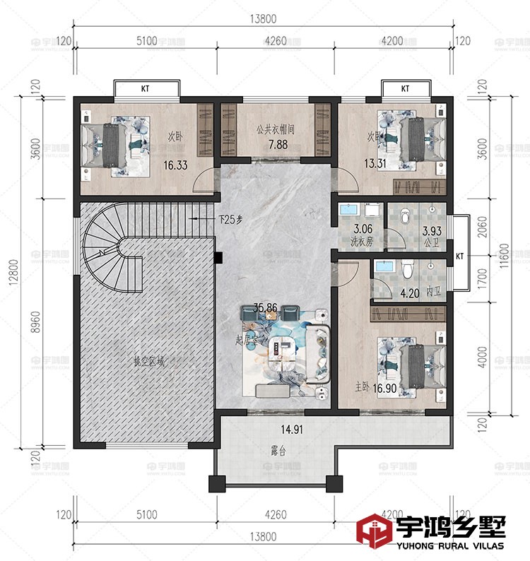 2层：起居室、卧室、公共衣帽间、卫生间、露台