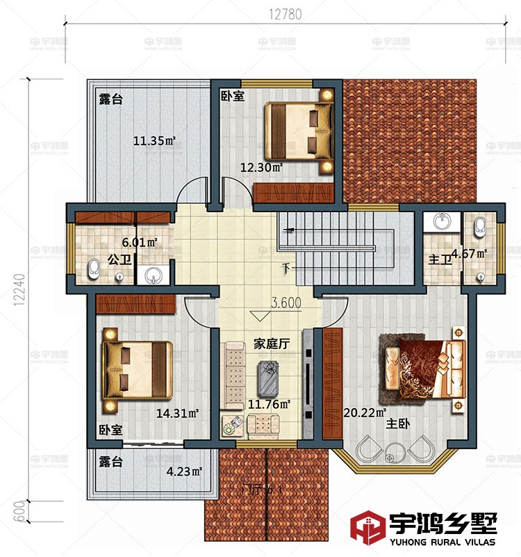 二层：3卧室、家庭厅、公卫、内卫、露台