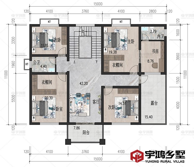 2层；客厅、卧室、衣帽间、书房、卫生间、阳台、露台