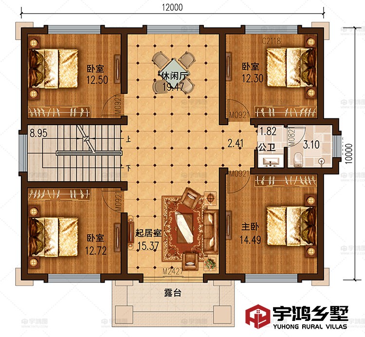 二层：起居室、卧室、休闲厅、卫生间、露台