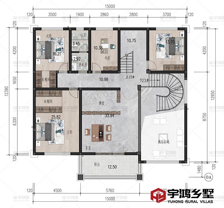 2层：茶室、佛堂、卧室、书房、衣帽间、洗衣房、卫生间、阳台