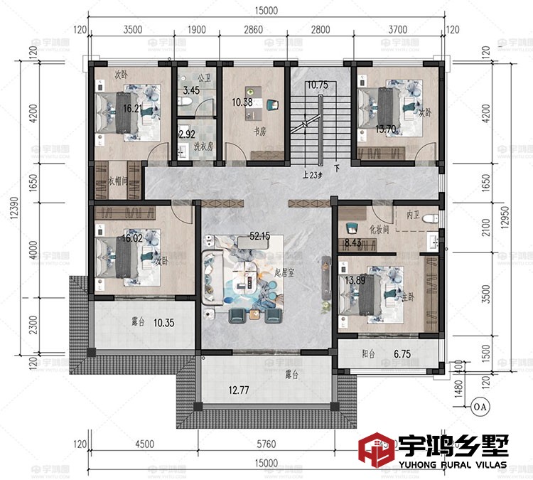 3层：起居室、卧室、书房、衣帽间、化妆间、洗衣房、卫生间、阳台、露台