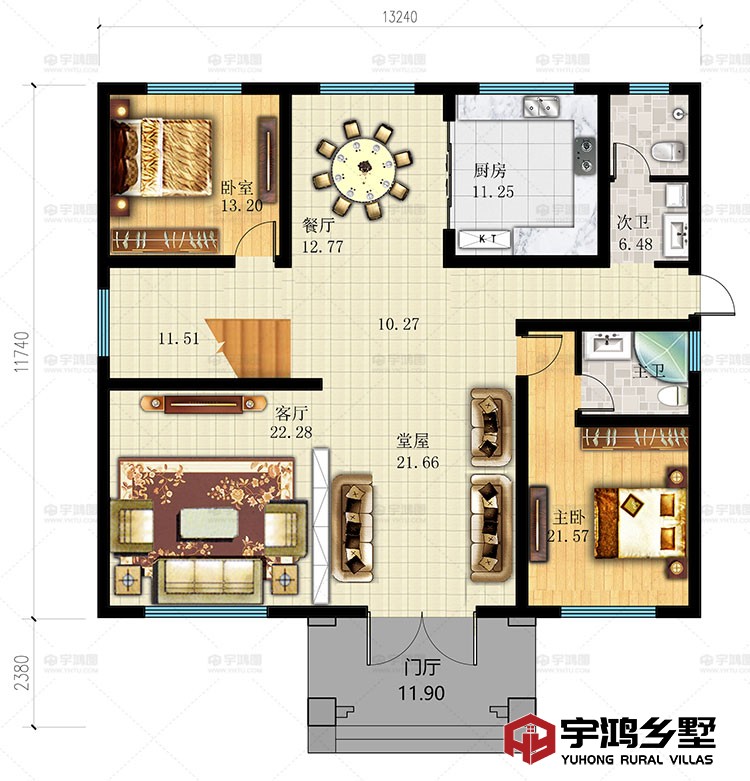 一层：客厅，餐厅，厨房，卧室，堂屋、卫生间