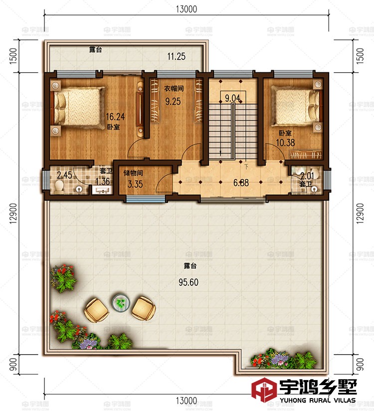 三层：卧室、衣帽间、储物间、卫生间、露台
