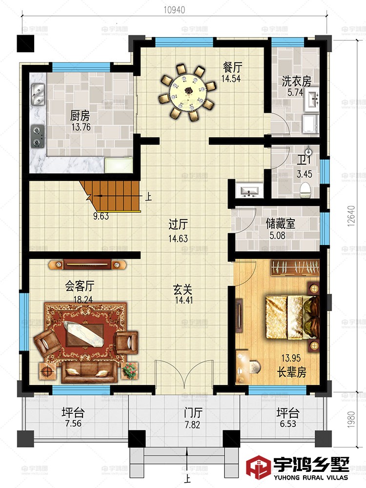一层：门厅，客厅，厨房，卫生间