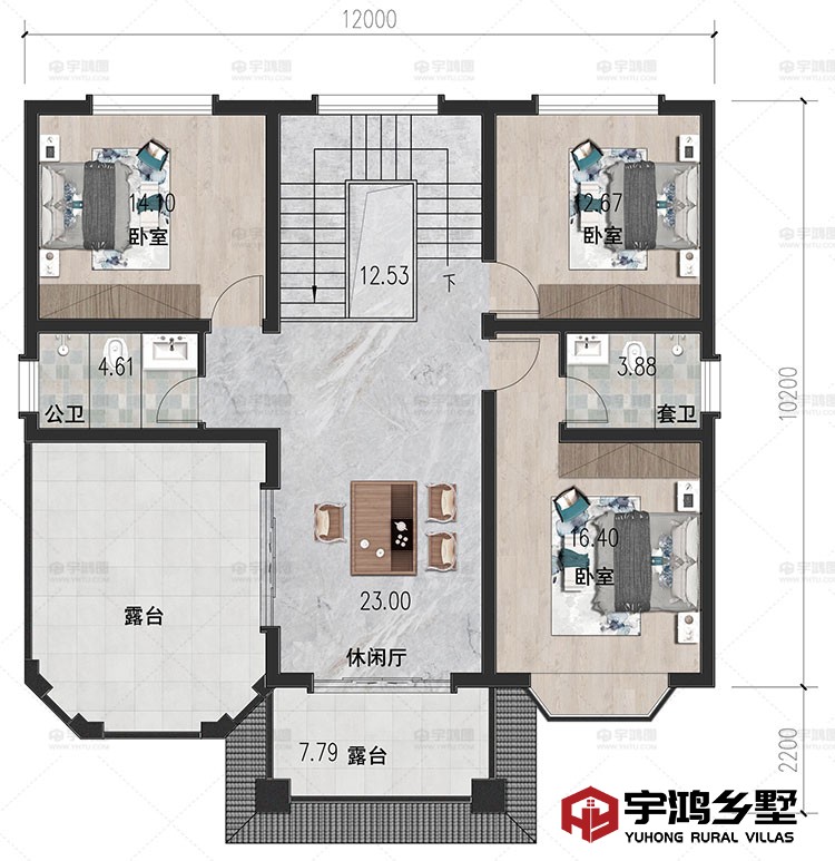 三层：休闲厅、卧室、卫生间、露台