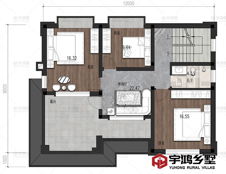 三层：休闲厅、3卧室、公卫、露台