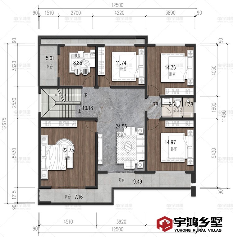 二层：家庭厅、卧室、书房、卫生间、阳台