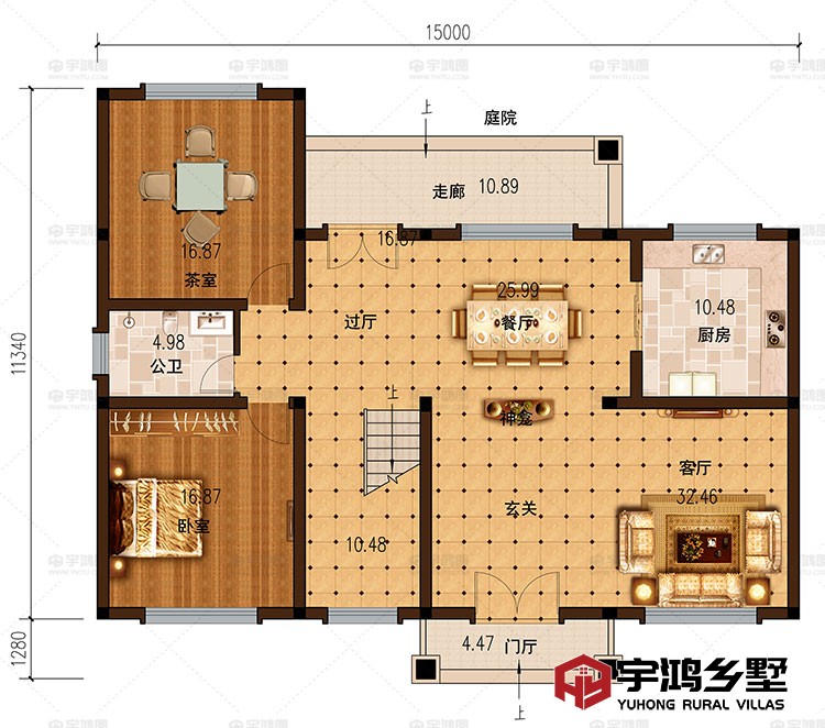 一层：客厅，餐厅，卧室，厨房，茶室，卫生间