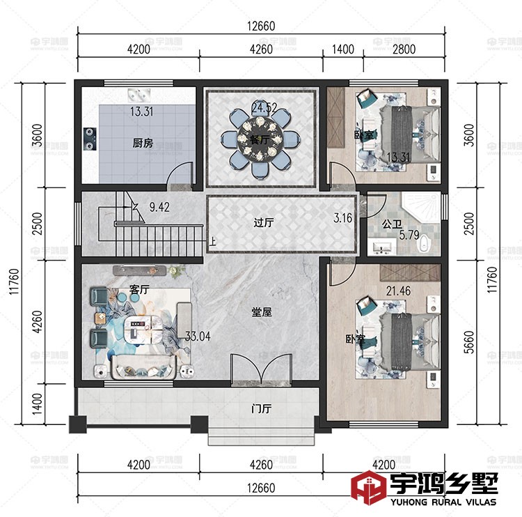 一层：堂屋、客厅、过厅、卧室、餐厅、厨房、卫生间