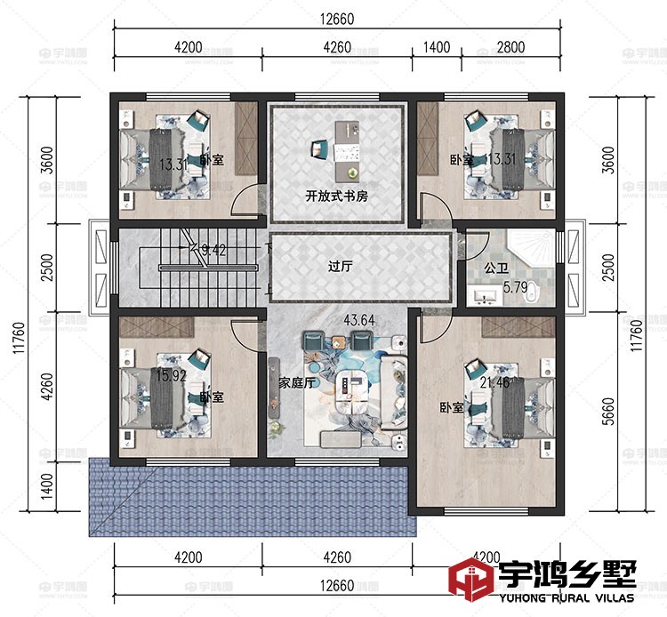 二层：家庭厅、过厅、卧室、开放式书房、卫生间
