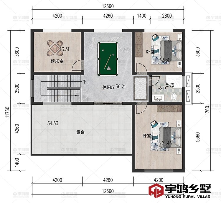 三层：休闲厅、娱乐室、卧室、卫生间、露台