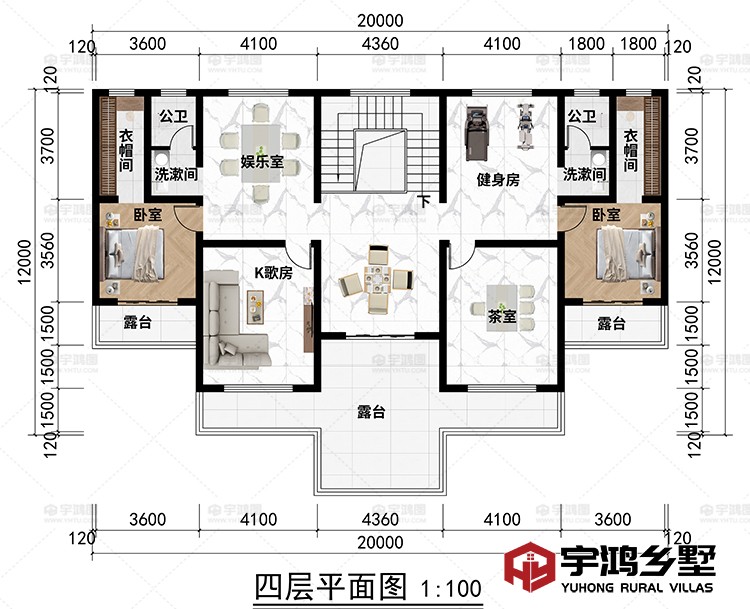 四层：娱乐室、茶室、K歌房、健身房、2卧室、2衣帽间、2洗漱间、2公卫、2露台