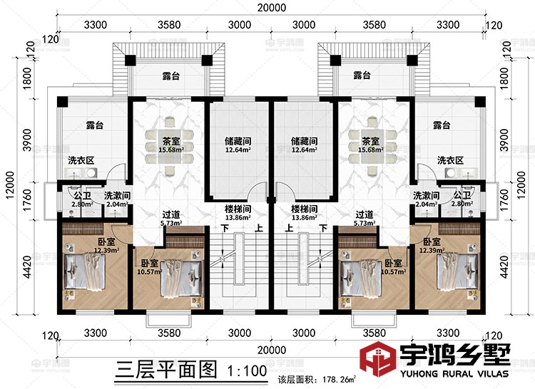 三层：2楼梯间、2茶室、2储藏间、2过道、4卧室、2洗衣区、4露台