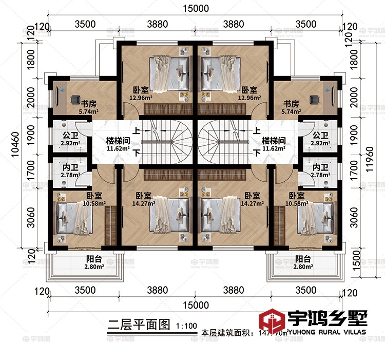 二层：2楼梯间、2书房、6卧室、2阳台、2公卫、2内卫