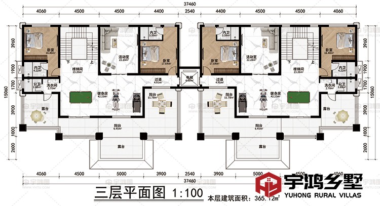 三层：2楼梯间、2活动室、2健身房、4卧室、2洗衣间、2公卫、4内卫、4阳台、4露台、电梯