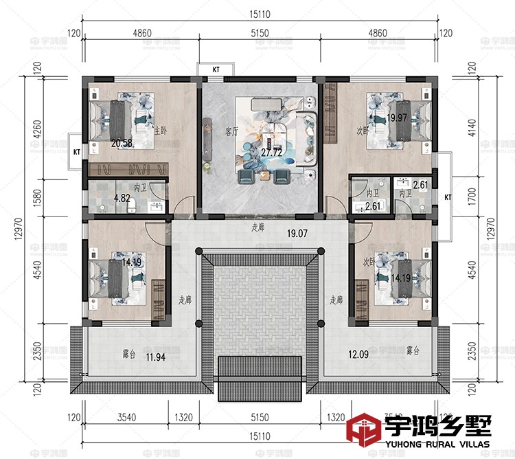 2层：客厅、卧室、卫生间、露台