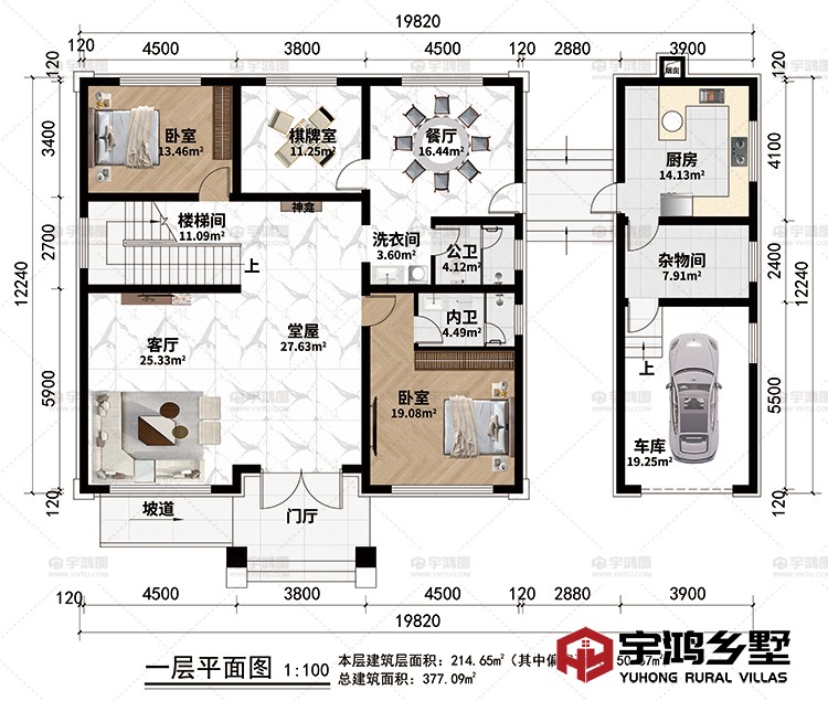 一层：门厅、堂屋、神龛、客厅、餐厅、厨房、杂物间、车库、棋牌室、2卧室、洗衣间、公卫、内卫、楼梯间