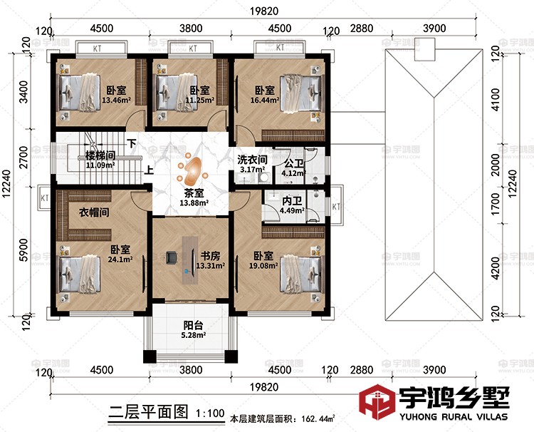 二层：楼梯间、茶室、5卧室、书房、衣帽间、洗衣间、公卫、内卫、阳台