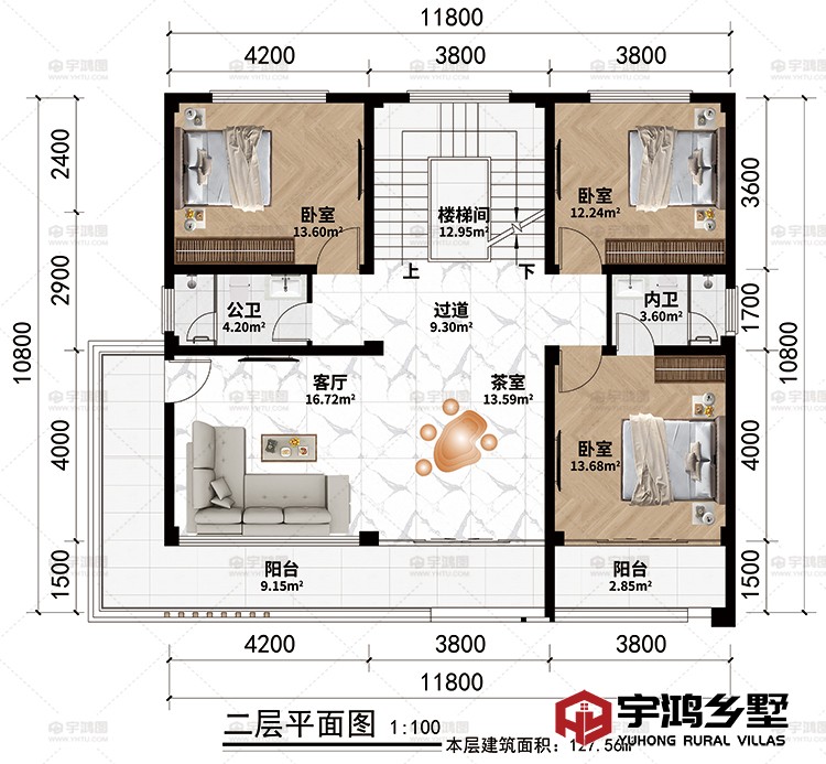 二层：楼梯间、过道、茶室、客厅、3卧室、公卫、内卫、2阳台