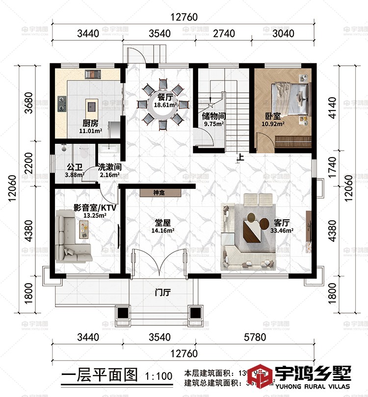 一层：门厅、堂屋、神龛、客厅、影音室/KTV、厨房、餐厅、储物间、卧室、洗漱间、公卫