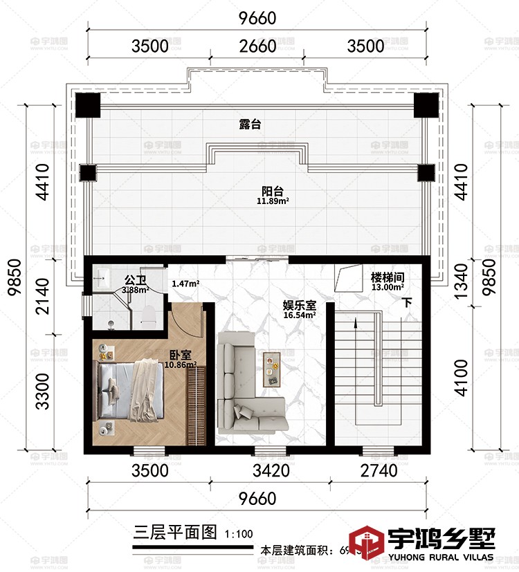 三层：楼梯间、娱乐室、卧室、公卫、阳台、露台