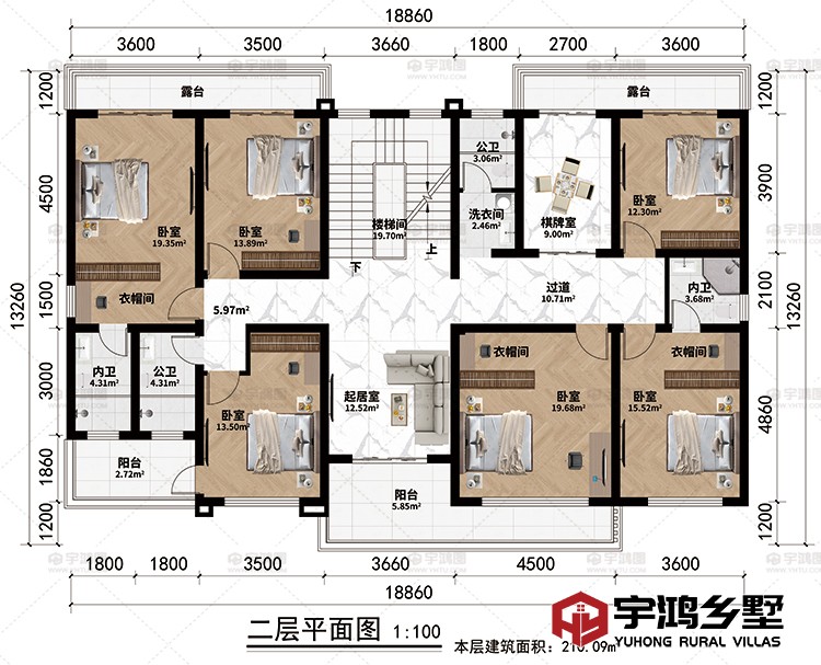 二层：楼梯间、起居室、过道、棋牌室、6卧室、3衣帽间、2公卫、2内卫、洗衣间、2露台、2阳台