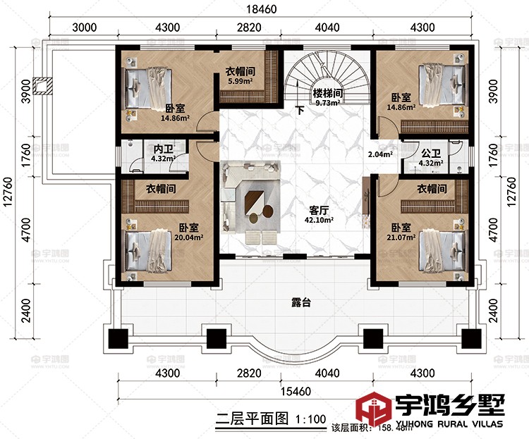 二层：楼梯间、客厅、4卧室、3衣帽间、公卫、内卫、露台