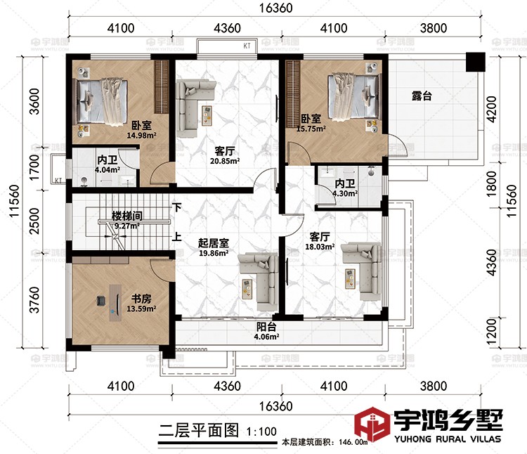 二层：2客厅、起居室、2卧室、楼梯间、书房、内卫、阳台、露台