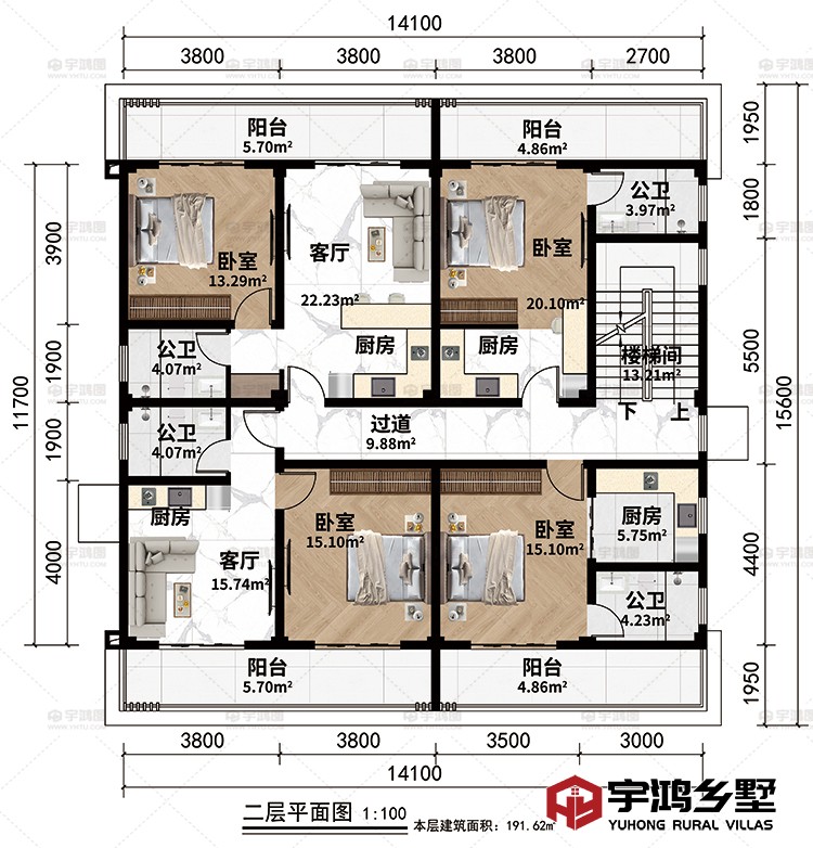 二层：楼梯间、过道、2客厅、4厨房、4卧室、4公卫、4阳台