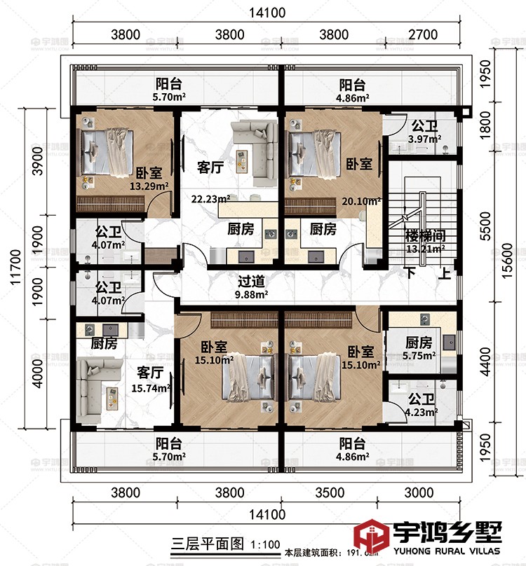 二层：楼梯间、过道、2客厅、4厨房、4卧室、4公卫、4阳台