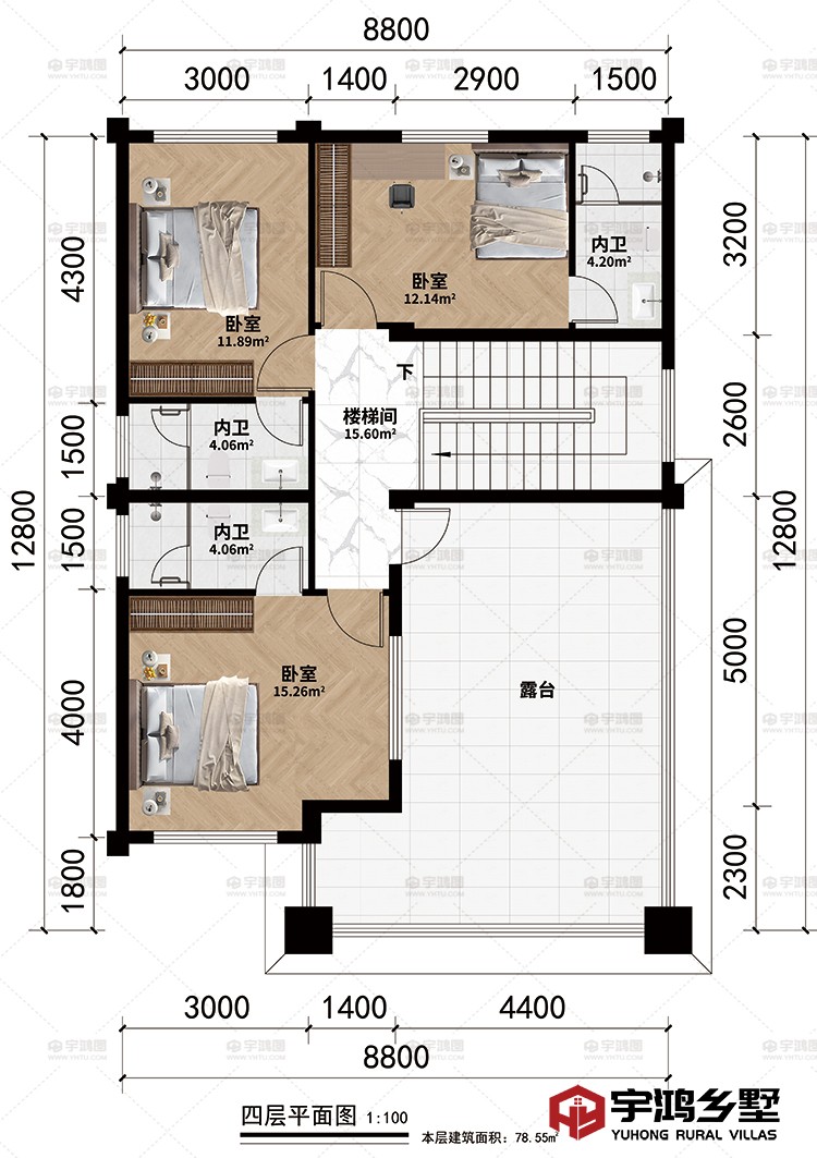四层：楼梯间、3卧室、3内卫、露台
