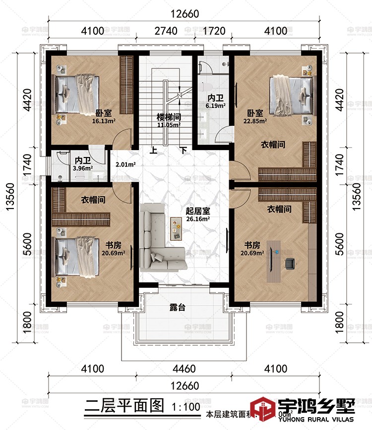 二层：楼梯间、起居室、3卧室、3衣帽间、书房、露台、2内卫