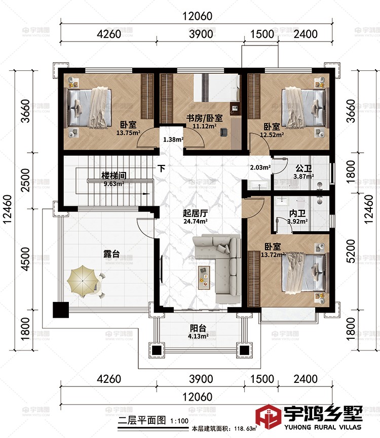 二层：楼梯间、起居厅、3卧室、书房/卧室、公卫、内卫、阳台、露台