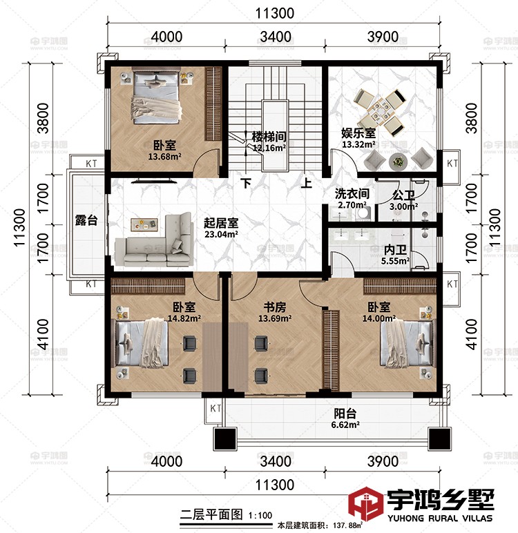 二层：起居室、楼梯间、3卧室、书房、娱乐室洗衣间、公卫、内卫、露台、阳台