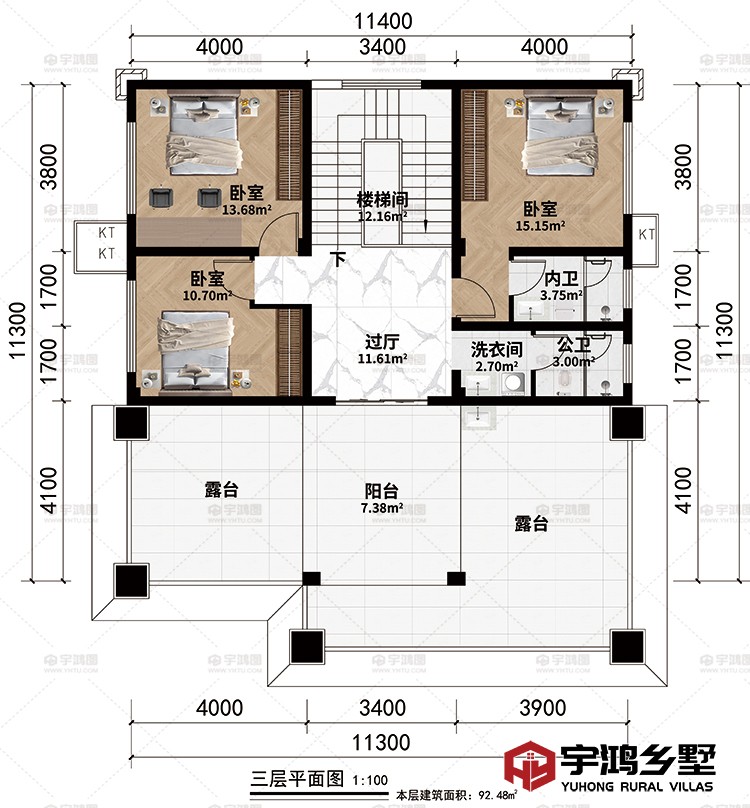 三层：过厅、楼梯间、3卧室、洗衣间、公卫、内卫、阳台、2露台
