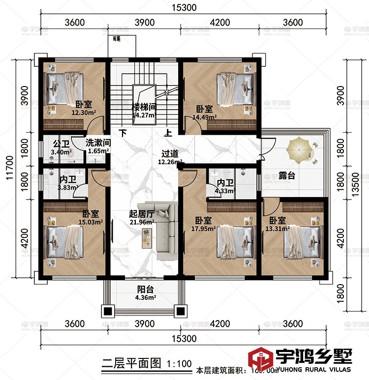 二层：楼梯间、起居厅、过道、4卧室、公卫、2内卫、阳台、露台