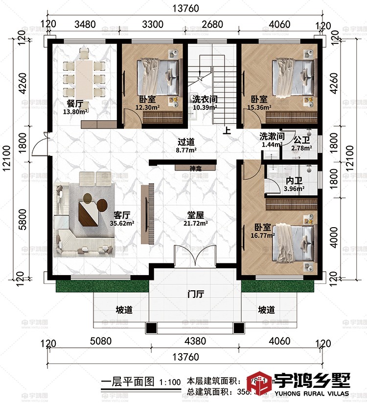 一层：门厅、2坡道、堂屋、客厅、神龛、过道、餐厅、洗衣间、3卧室、公卫、内卫、洗漱间