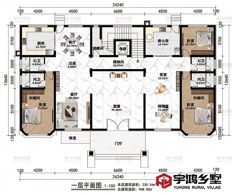 一层：门厅、坡道、堂屋、客厅、过道、餐厅、厨房、棋牌室、茶室、柴火房、楼梯间、储藏间、电梯、3卧室、2衣帽间、2公卫、2内卫