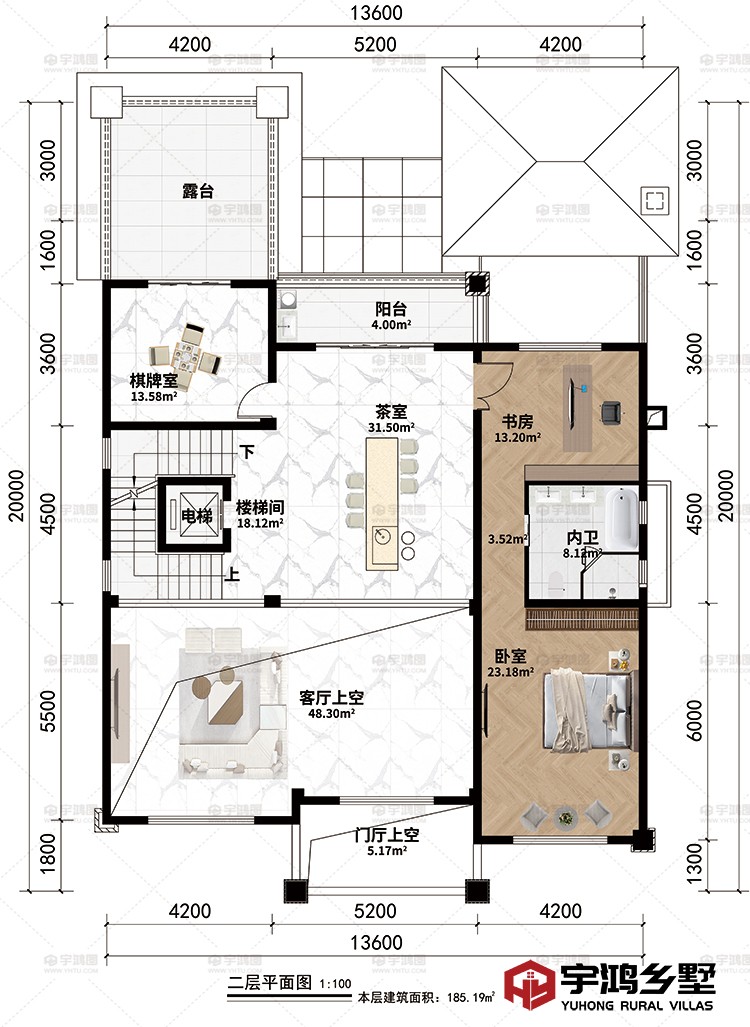 二层：门厅上空、客厅上空、楼梯间、电梯、茶室、棋牌室、卧室、书房、内卫、阳台、露台