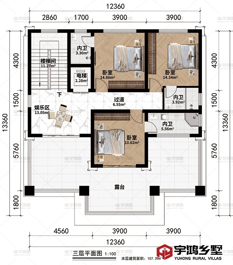 三层：楼梯间、娱乐区、3卧室、过道、3内卫、露台