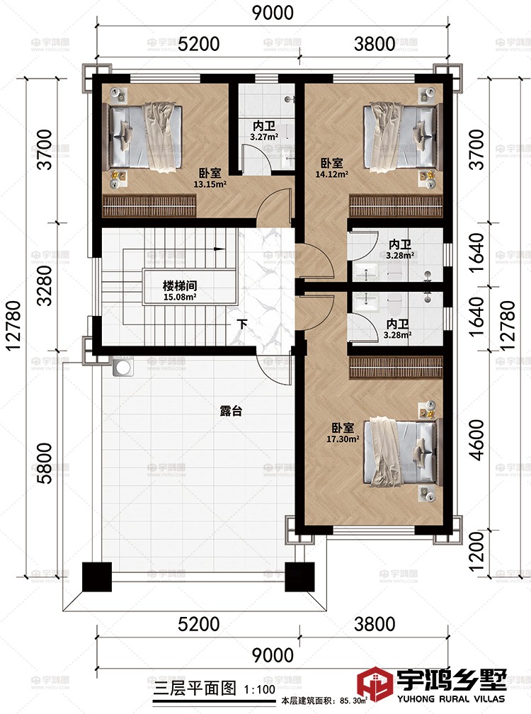 三层：楼梯间、3卧室、3内卫、露台