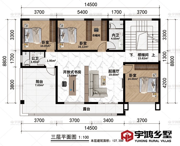 三层：楼梯间、起居厅、开放式书房、3卧室、衣帽间、公卫、内卫、阳台、露台